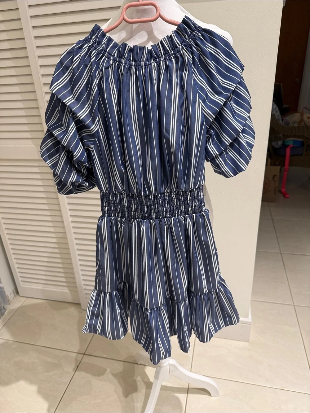 Habitual Navy and White Striped Ruffle Waist-Tie Dress